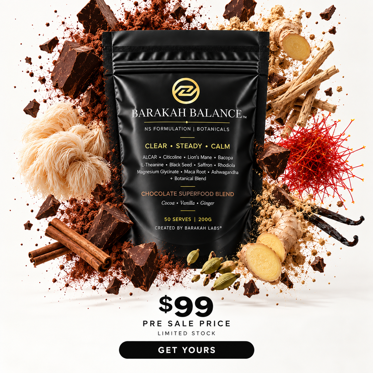 Barakah Balance™ Chocolate | Premium Botanical Superfood Blend | 50 Serves