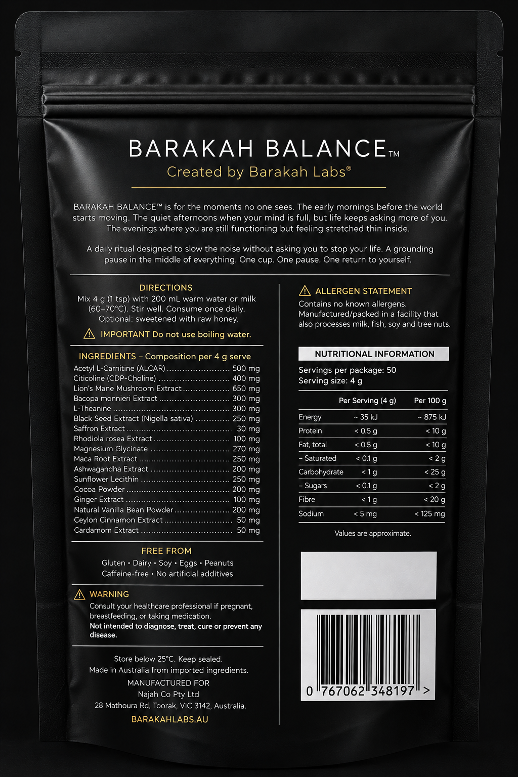 Barakah Balance™ Chocolate | Premium Botanical Superfood Blend | 50 Serves